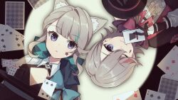  1boy 1girl animal_ear_fluff animal_ears aqua_bow aqua_bowtie black_gloves black_hat bow bowtie breasts brother_and_sister brown_hair card cat_ears closed_mouth commentary_request facial_mark genshin_impact gloves hat highres holding holding_card holding_unworn_clothes holding_unworn_hat long_hair lynette_(genshin_impact) lyney_(genshin_impact) open_mouth pink_bow pink_bowtie shirase_(shirose) siblings smile star_(symbol) star_facial_mark top_hat unworn_hat unworn_headwear violet_eyes 