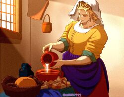  1boy ammsp722 blonde_hair commentary derivative_work earrings final_fantasy final_fantasy_vi jewelry low_ponytail male_focus muscular muscular_male ponytail pouring red_skirt sabin_rene_figaro shirt short_hair skirt sleeves_rolled_up smile solo sunlight the_milkmaid twitter_username veil white_veil window yellow_shirt 