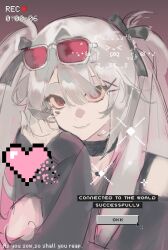  1girl bare_shoulders brown_background chnl16031999 closed_mouth commentary cursor english_text eyes_visible_through_hair eyewear_on_head facial_mark grey_hair hair_ornament hair_over_one_eye hair_ribbon heart heart_facial_mark highres honkai:_star_rail honkai_(series) jewelry long_hair looking_at_viewer necklace official_alternate_costume official_alternate_hairstyle pink_eyes recording ribbon simple_background sleeves_past_wrists smile solo sparkle_(honkai:_star_rail) sparxie_(candy-coated_waves)_(honkai:_star_rail) sparxie_(honkai:_star_rail) sunglasses twintails two_side_up upper_body x_hair_ornament 