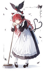  1girl :3 absurdres alternate_costume animal_ears animal_on_head animalization apron bird bird_on_head black_bird black_bow black_dress black_shoes bow braid cat_ears cat_tail chest_eye closed_mouth commentary_request dress enmaided extra_ears full_body green_bow hair_bow heart heart_tail high_heels highres holding holding_mop kaenbyou_rin long_sleeves looking_at_viewer maid maid_headdress mary_janes mop multiple_tails on_head one_eye_closed pantyhose pointy_ears red_eyes red_hair reiuji_utsuho reiuji_utsuho_(bird) shoes simple_background tail touhou two_tails white_apron white_background white_pantyhose yuuneka 