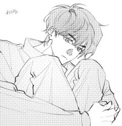  black_eyes black_hair choi_jongsu commentary_request garbage_time hugging_own_legs korean_commentary lower_eyelashes_only male_focus messy_hair monochrome short_hair simple_background sketch sm_hj711 white_background 