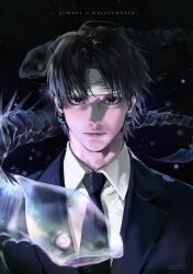  1boy absurdres bandaged_head bandages black_hair black_necktie black_suit chrollo_lucilfer closed_mouth commentary earrings highres hunter_x_hunter jewelry looking_at_viewer male_focus necktie short_hair spendthesummer suit upper_body 