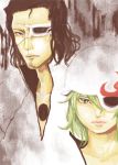  bad_id bleach blue_eyes brown_hair coyote_starrk espada eyepatch green_hair helmet ine_kari lilynette_gingerback lilynette_gingerbuck 