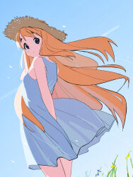  1girl absurdres arm_behind_back bare_arms blonde_hair blue_sky commentary_request di_gi_mas dress floating_hair hat highres k-on! kotobuki_tsumugi long_hair looking_at_viewer sidelighting sky solo straw_hat sun_hat sundress thick_eyebrows white_dress wind 