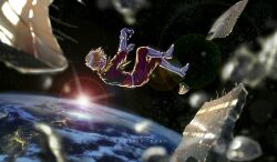  alternate_universe blonde_hair capelet char_aznable commentary_request corpse death debris defeat earth_(planet) epaulettes eye_mask gundam highres lens_flare mask military_uniform mobile_suit_gundam nebula nights_(iovjat5tfuq3inz) planet science_fiction space spacecraft star_(sky) sun wreckage zeon zero_gravity 