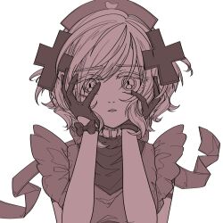  1girl black_bow black_gloves bow commentary_request dress gloves hand_on_own_cheek hand_on_own_face hat highres looking_at_viewer magical_girl mahou_shoujo_ikusei_keikaku mahou_shoujo_ikusei_keikaku_restart nurse_cap raised_inner_eyebrows ribbon sad shadowgale short_hair simple_background solo upper_body white_background yomo_gigyoza 