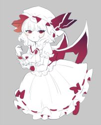  1girl ascot bat_wings blush bow commentary_request dress dress_bow frilled_dress frills grey_background hat ica looking_at_viewer mob_cap partially_colored red_eyes red_shoes remilia_scarlet shoes short_hair solo touhou white_dress wings wrist_cuffs 