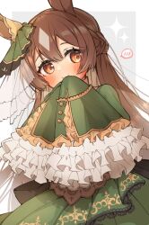  1girl animal_ears blush braid brown_hair commentary_request double-parted_bangs dress ear_ornament ear_ribbon frilled_dress frilled_sleeves frills green_dress half_up_braid highres horse_ears horse_girl k0bo43 long_hair patterned_hair satono_diamond_(natural_brilliance)_(umamusume) satono_diamond_(umamusume) simple_background sleeves_past_fingers sleeves_past_wrists solo sparkle umamusume yellow_eyes 