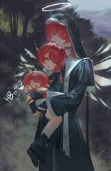  2girls absurdres apple_costume arknights black_cloak black_dress black_gloves chinese_commentary cloak closed_eyes closed_mouth commentary_request detached_wings dress energy_wings exusiai_(apple)_(arknights) exusiai_(arknights) exusiai_(nun)_(arknights) exusiai_(young)_(arknights) fingerless_gloves gloves halo highres hug long_hair long_sleeves multiple_girls nun nun_headdress official_alternate_costume one_eye_closed outdoors profile red_hair short_hair time_paradox traditional_halo tree white_halo wings xue_meishu_mei_chulu yellow_eyes 