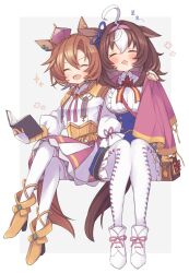  2girls ahoge animal_ears bag blush book boots breasts brown_hair cape closed_eyes commentary_request corset crown drooling ear_piercing ear_ribbon ears_down fingerless_gloves full_body gloves gold_boots gold_corset grey_background hairband headband high_heel_boots high_heels highres holding holding_book horse_ears horse_girl horse_tail k0bo43 large_breasts long_sleeves medium_hair meisho_doto_(turbulent_blue)_(umamusume) meisho_doto_(umamusume) mini_crown mouth_drool multicolored_hair multiple_girls open_mouth orange_hair pantyhose piercing pink_cape pink_crown pink_headband shirt short_hair simple_background sitting skirt sleeping smile sparkle t.m._opera_o_(o_sole_suo!)_(umamusume) t.m._opera_o_(umamusume) tail thigh-highs two-tone_hair two-tone_skirt umamusume white_gloves white_shirt zzz 
