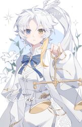  1girl absurdres blue_background blue_bow blue_bowtie blue_eyes border bow bowtie commission cowboy_shot dress heterochromia highres huolala_neiku_chaofan long_hair long_sleeves looking_at_viewer mihuashi_commission original outside_border parted_bangs parted_lips round_border sample_watermark side_ponytail solo watermark weighing_scale white_border white_dress white_hair yellow_eyes 