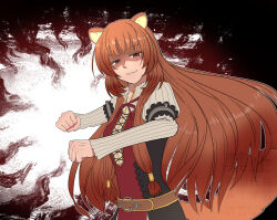 1girl animal_ear_fluff animal_ears attacking_viewer belt black_dress blunt_bangs breasts brown_belt brown_hair collared_dress commentary_request dress frilled_arm_cuffs hair_tubes hands_up high_collar highres layered_dress long_hair long_sleeves medium_breasts metal_arm_cuffs metal_hair_tubes neck_ribbon open_collar parted_lips pinstripe_dress pinstripe_pattern punching punching_viewer raccoon_ears raccoon_girl raccoon_tail raphtalia red_dress red_eyes red_ribbon ribbon shaded_face sleeveless sleeveless_dress solo tail taku0_paripori tanuki tate_no_yuusha_no_nariagari two-tone_dress upper_body watermark white_dress yellow_trim 