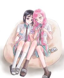  2girls alien_stage aqua_skirt bean_bag_chair black_hair black_necktie black_socks blue_scrunchie bob_cut braid braiding_hair commentary contrast_collar earphones earphones hair_ornament hairclip hairdressing highres long_hair metalssx mizi_(alien_stage) multiple_girls necktie pink_hair sandals school_uniform scrunchie shirt short_hair sitting skirt slides socks sua_(alien_stage) twin_braids violet_eyes white_shirt white_socks wrist_scrunchie yellow_eyes zombie_stage 