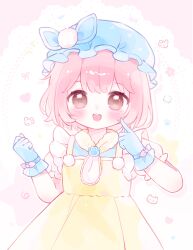  1girl ahhhhhhhluu ascot blue_bow blue_gloves blue_hat blue_shirt blush border bow brooch brown_eyes bye-bye_dust_(infinity_nikki) clenched_hand colored_shadow cowboy_shot dot_nose dress eyelashes finger_to_cheek frilled_gloves frilled_headwear frilled_shirt frills gloves hat hat_bow heart highres infinity_nikki jewelry lace-trimmed_ascot lace_background mob_cap nikki_(nikki) nikki_(series) open_mouth paw_print pinafore_dress pink_ascot pink_border pink_bow pink_hair pom_pom_hat_ornament puffy_short_sleeves puffy_sleeves shadow shirt short_hair short_sleeves sleeveless sleeveless_dress sleeveless_shirt smile solo standing star_(symbol) tareme teeth two-tone_ascot upper_teeth_only white_background white_sleeves wrist_bow yellow_ascot yellow_dress 