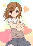  blush brown_eyes brown_hair finger_gun foreshortening heart kue misaka_mikoto pointing school_uniform short_hair shorts sweater_vest to_aru_kagaku_no_railgun to_aru_majutsu_no_index 