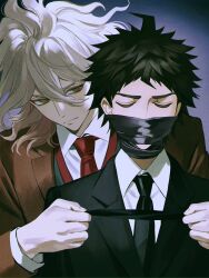  2boys ahoge black_hair closed_eyes closed_mouth collared_shirt covered_mouth danganronpa_(series) danganronpa_2:_goodbye_despair danganronpa_3_(anime) duct_tape frown hair_between_eyes highres hinata_hajime hlam126 jacket komaeda_nagito multiple_boys necktie school_uniform shirt short_hair spiky_hair suit upper_body wavy_hair white_hair 