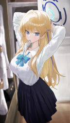  1girl absurdres alternate_breast_size_(larger) arms_behind_head arms_up black_skirt blonde_hair blue_archive blue_bow blue_bowtie blue_eyes blue_halo bow bowtie breasts chinese_commentary commentary_request hair_tie_in_mouth halo highres indoors jianjia large_breasts long_hair looking_at_viewer mouth_hold multicolored_hair official_alternate_costume pleated_skirt revision school_uniform shirt skirt solo streaked_hair toki_(blue_archive) toki_(school_uniform)_(blue_archive) two-tone_hair tying_hair white_shirt 