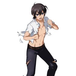  1boy :o belt black_pants blue_eyes brown_belt brown_hair buttons clenched_hands feet_out_of_frame fighting_stance game_asset groin hair_between_eyes hands_up ikkitousen ikkitousen_extra_burst linea_alba looking_at_viewer lower_teeth_only male_focus nanyou_academy_uniform navel non-web_source official_art open_clothes open_mouth open_shirt pants school_uniform self-datamine shirt short_hair shuuyu_koukin simple_background solo teeth toned toned_male torn_clothes torn_pants torn_shirt transparent_background unbuttoned unbuttoned_shirt white_shirt 