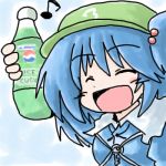  216 blue_hair bottle closed_eyes hat kawashiro_nitori key lowres musical_note pepsi pepsi_ice_cucumber touhou 