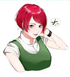  1girl alternate_hair_length_(shorter) bracelet character_request check_character check_copyright copyright_request cropped_arm cropped_torso eyelashes grey_eyes heart jewelry ka_rei1356 naruto_(series) notice_lines open_mouth red_hair scissors shirt short_sleeves simple_background smile solo speech_bubble teeth third-party_source uzumaki_kushina white_background white_shirt 