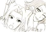  2girls bleach blush_stickers cat_pose haineko hair_pull matsumoto_rangiku monochrome sketch 