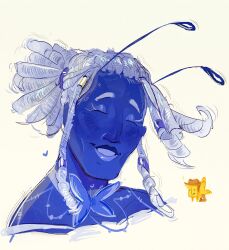  2boys absurdres antennae aqua_hair bagandzi blue_(deltarune) blue_skin breasts bug butterfly butterfly_choker butterfly_wings cheekbones closed_eyes colored_skin commentary cowboy_hat deltarune dreadlocks english_commentary hair_tubes hat heart highres insect_wings looking_at_viewer medium_breasts multiple_boys parted_lips portrait simple_background smile utdr_(toby_fox) white_background wings yellow_(deltarune) 