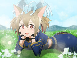  1girl animal_ears armor breastplate chest_guard commentary_request dappled_sunlight flower grass highres lying muneate mysteryctu open_mouth pina_(sao) red_eyes silica sunlight sword_art_online 