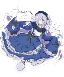  1girl absurdres bare_shoulders black_ribbon blue_dress blue_hairband bow closed_mouth dress dress_bow frilled_dress frilled_hairband frilled_sleeves frills full_body gothic_lolita hair_over_one_eye hair_ribbon hairband highres laggingtail973 lolita_fashion lolita_hairband long_hair long_sleeves looking_at_viewer mahou_shoujo_no_majo_saiban natsume_an-an off-shoulder_dress off_shoulder polka_dot polka_dot_bow ribbon simple_background sketchbook sleeve_bow sleeves_past_fingers sleeves_past_wrists solo violet_eyes white_background white_hair white_sleeves wide_sleeves 