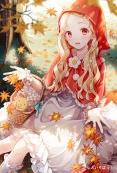  1girl baby_animal basket bird blonde_hair blurry capelet chick commentary_request copyright_name copyright_notice depth_of_field dress flower frilled_capelet frilled_dress frills hair_flower hair_ornament highres hood hood_up hooded_capelet kogara_toto kogara_toto_(4th_costume) leaf maple_leaf official_alternate_costume official_alternate_hairstyle official_art orange_eyes pom_pom_(clothes) red_capelet solo tadano_yukiko virtual_youtuber vspo! white_dress white_flower 