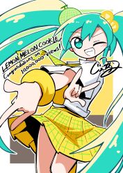  1girl \m/ absurdres aqua_eyes aqua_hair blush border brown_background cocked_eyebrow commentary_request congratulations cowboy_shot double_\m/ english_text food food-themed_hair_ornament foreshortening fruit fruit_hair_ornament generalcanon green_background hair_between_eyes hair_ornament hatsune_miku highres lemon lemon_melon_cookie_(vocaloid) long_hair looking_at_viewer melon necktie official_alternate_costume one_eye_closed open_mouth outline outside_border outstretched_arm plaid_clothes plaid_necktie plaid_skirt pleated_skirt shirt short_sleeves sidelocks signature skirt smile solo teeth thighs twintails very_long_hair white_border white_outline white_shirt yellow_background yellow_necktie yellow_skirt 