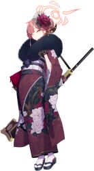  1girl arm_at_side aru_(blue_archive) aru_(new_year)_(blue_archive) black_gloves black_sandals blue_archive brown_horns closed_mouth doremi_(doremi4704) expressionless floral_print floral_print_kimono flower frilled_sleeves frills full_body fur-trimmed_kimono fur_collar fur_trim game_asset gloves gun gun_sling h&amp;k_psg1 hair_bun hair_flower hair_ornament half-closed_eyes halo highres holding horn_ornament horns japanese_clothes kimono lace lace_gloves large_variant_set long_sleeves looking_at_viewer obi official_art orange_halo pink_hair print_kimono red_flower red_kimono red_rose rifle rose sandals sash short_hair sidelocks simple_background sniper_rifle socks solo standing tabi tachi-e third-party_source transparent_background variant_set weapon white_socks wide_sleeves yellow_eyes 