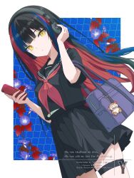  1girl alternate_costume autumn_leaves bag black_hair black_sailor_collar black_serafuku black_skirt blue_hair blunt_bangs cellphone charm_(object) colored_inner_hair commentary crop_top crop_top_overhang eyeshadow flower harusaruhi headphones holding holding_phone kamitsubaki_studio leaf long_hair makeup morning_glory multicolored_hair neckerchief phone pleated_skirt red_hair red_neckerchief sailor_collar school_bag school_uniform serafuku shirt skindentation skirt streaked_hair takasaka_light thigh_strap untranslatable_commentary white_shirt yellow_eyes 