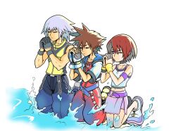  1girl 2boys bare_shoulders beach belt black_choker black_gloves blue_belt blue_eyes brown_hair choker closed_eyes closed_mouth commentary english_commentary fingerless_gloves gloves highres hood hood_down jewelry kairi_(kingdom_hearts) kikufukuslayer kingdom_hearts kingdom_hearts_i kneeling looking_at_another multiple_boys muscular muscular_male necklace one_eye_closed own_hands_together pink_skirt purple_belt red_hair riku_(kingdom_hearts) sand shoes short_hair short_sleeves skirt sora_(kingdom_hearts) spiky_hair water white_background white_gloves yellow_shoes 