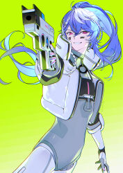  1boy absurdres alternate_costume blue_hair buckle gloves gun handgun highres holding holding_weapon holostars holostars_english jacket long_hair looking_at_viewer male_focus nekocha_dao octavio pink_eyes ponytail smile virtual_youtuber weapon white_jacket 
