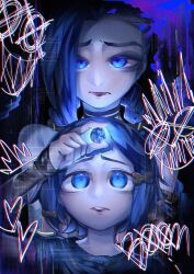  1girl absurdres age_comparison arcane:_league_of_legends arm_up bare_shoulders blue_hair braid commentary_request foreground_text gem hextech_crystal hextech_gemstone highres holding holding_gem jinx_(league) league_of_legends long_hair powder_(arcane) sad short_hair twin_braids v_revedoll writing 