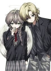  1boy 1girl 1poppy :/ ahoge angel angel_wings black_jacket blazer blonde_hair blue_eyes braid brown_hair buttons character_request cigarette closed_mouth collared_shirt commission copyright_request cowboy_shot curtained_hair dress_shirt earrings empty_eyes feathered_wings film_grain frown grey_eyes grey_pants grey_shirt grey_skirt hair_over_one_eye hair_over_shoulder halo hand_in_pocket head_tilt highres holding holding_cigarette hoop_earrings jacket jewelry lapels leaning_to_the_side long_hair long_skirt long_sleeves looking_at_viewer loose_hair_strand low_twin_braids medium_hair multiple_earrings necktie notched_lapels one_side_up open_clothes open_collar open_jacket pants parted_bangs plaid_clothes plaid_pants plaid_skirt pocket red_necktie school_uniform shirt side_part simple_background skirt standing sweater_vest tareme traditional_halo twin_braids untucked_shirt white_background white_halo white_sweater_vest white_wings wing_collar wings 