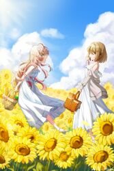  2girls absurdres apple basket blue_sky bread brown_hair closed_eyes clouds commentary_request day dress field flower flower_field food fruit hair_flower hair_ornament highres holding holding_basket kagari_mimi kaze_akira kimi_ga_shinu_made_koi_wo_shitai long_hair looking_at_another multiple_girls open_mouth outdoors pink_hair short_hair sky smile summer sun sunflower sunflower_field totsuki_shiina white_dress yuri 