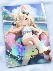  1girl ahoge animal_ear_fluff animal_ears bare_arms bare_shoulders barefoot belt bikini blonde_hair blue_belt blue_bikini blue_bow blue_nails blue_sky blue_streaks blue_tail blue_trim bow bra cat_ears character_name clouds cloudy_sky crossed_legs day donut_innertube dot_nose fangs feet_out_of_frame fins fish_tail frilled_bikini frilled_bra frills hair_bow hair_intakes highres indie_virtual_youtuber innertube lifebuoy_anklet lifebuoy_hair_ornament lokyin_house looking_at_viewer low_twintails midriff multicolored_hair nail_polish navel one_eye_closed outdoors panty_straps parted_lips pool sameko_saba scrunchie shorts single_hair_streak sitting sky smile solo splashing stomach streaked_hair striped_bikini striped_clothes swim_ring swimsuit tail twintails underwear virtual_youtuber white_bikini white_shorts wrist_scrunchie 