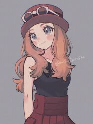  1girl bare_shoulders black_shirt blonde_hair blue_eyes blush breasts closed_mouth eyewear_on_headwear hat long_hair mikakami1e pink_hat pokemon pokemon_x_and_y red_hat red_skirt serena_(pokemon) shirt simple_background skirt sleeveless sleeveless_shirt small_breasts smile solo sunglasses white-framed_eyewear 