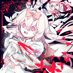  1girl :d arcaea bow broken_glass bug butterfly commentary detached_wings dress dress_bow frilled_dress frilled_sleeves frills glass glass_bottle gloves hair_between_eyes hair_bow highres hikari_(arcaea) hikari_(fatalis)_(arcaea) hikari_(fracture)_(arcaea) hikari_(zero)_(arcaea) long_hair long_sleeves looking_at_viewer mechanical_wings open_mouth pink_bow pink_hair red_butterfly red_eyes reflection smile solo untranslatable_commentary upper_body vipa_502 white_dress white_gloves wide_sleeves wings 