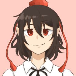 1girl black_ribbon brown_hair closed_mouth collared_shirt commentary derivative_work english_commentary hat looking_at_viewer neck_ribbon pink_background pointy_ears portrait red_eyes red_hat ribbon shameimaru_aya shirt short_hair smile smug solo tokin_hat touhou white_shirt x_ppresso 