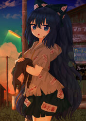  1girl absurdres blue_bow blue_eyes blue_hair blue_skirt blush bow clothes_writing commentary_request ekaapetto english_commentary evening grey_hoodie hair_between_eyes hair_bow highres hood hoodie lamppost lens_flare long_hair looking_at_viewer making-of_available mixed-language_commentary open_mouth outdoors paid_reward_available short_sleeves skirt solo stuffed_animal stuffed_cat stuffed_toy touhou translation_request very_long_hair yorigami_shion 