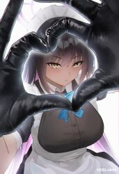  1girl apron artist_name black_gloves black_hair blue_archive breasts closed_mouth colored_inner_hair commentary dark-skinned_female dark_skin four-finger_heart_hands gloves halo heart heart_hands highres karin_(blue_archive) large_breasts long_hair looking_at_viewer maid maid_apron maid_headdress multicolored_hair purple_hair purple_halo short_sleeves simple_background solo two-tone_hair upper_body veeluna very_long_hair white_apron white_background yellow_eyes 