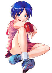  1girl :/ ankle_socks arm_on_knee bandaid bandaid_on_cheek bandaid_on_face blue_eyes blue_hair blue_shoes closed_mouth commentary_request convenient_leg fingerless_gloves full_body gloves hand_on_own_arm highres knee_up legs looking_at_viewer matsubara_aoi miniskirt otsudou pleated_skirt red_gloves red_sailor_collar red_skirt sailor_collar school_uniform serafuku shoes short_hair simple_background sitting skirt sleeves_rolled_up sneakers socks solo to_heart to_heart_(series) upturned_eyes white_background white_socks 