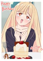  2girls ahoge black_shirt blonde_hair border brown_eyes cho_kaguya-hime! commentary_request female_pov food fruit highres kaguya_(cho_kaguya-hime!) long_hair mikage_tsuki multiple_girls open_mouth pancake pink_nails pov sakayori_iroha shirt solo_focus souffle_pancake strawberry translated white_border 