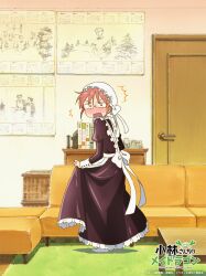 1girl :d alternate_costume blush book commentary_request constricted_pupils couch door drawer dress embarrassed enmaided from_side full_body glasses hat indoors juliet_sleeves kobayashi-san_chi_no_maidragon kobayashi_(maidragon) logo long_dress long_sleeves maid maid_headdress mob_cap official_art open_mouth puffy_sleeves red_eyes red_hair rimless_eyewear rug smile socks solo table v-shaped_eyebrows white_socks 