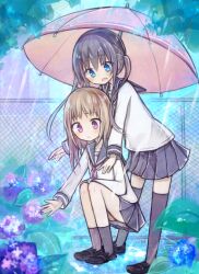  2girls amakaze_sora black_shoes blue_eyes blue_flower blush brown_hair chain-link_fence closed_mouth commentary_request fence flower grey_hair grey_sailor_collar grey_skirt grey_socks grey_thighhighs loafers long_hair long_sleeves multiple_girls neckerchief open_mouth original pink_neckerchief pink_umbrella pleated_skirt puffy_long_sleeves puffy_sleeves purple_flower rain sailor_collar school_uniform serafuku shared_umbrella shirt shoes skirt socks squatting standing thigh-highs twintails umbrella very_long_hair violet_eyes white_shirt 