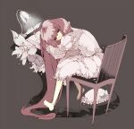  1girl bad_id barefoot chair frills hat hat_removed headwear_removed knife lamp long_hair makino_(pixiv) patchouli_knowledge sepia simple_background sitting solo table touhou 