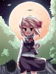  ascot bad_id blonde_hair dress_shirt forest full_moon looking_at_viewer moon nature night outstretched_hand red_eyes rumia shamo_(koumakantv) shirt short_hair skirt slit_pupils smile solo standing the_embodiment_of_scarlet_devil touhou vest wind youkai 