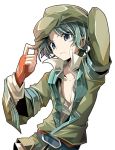  adjusting_hat arm_up beret fingerless_gloves frown fruit_punch gloves green_eyes green_hair hat male raised_arm shirt solo spada_belforma tales_of_(series) tales_of_innocence transparent_background white_background 